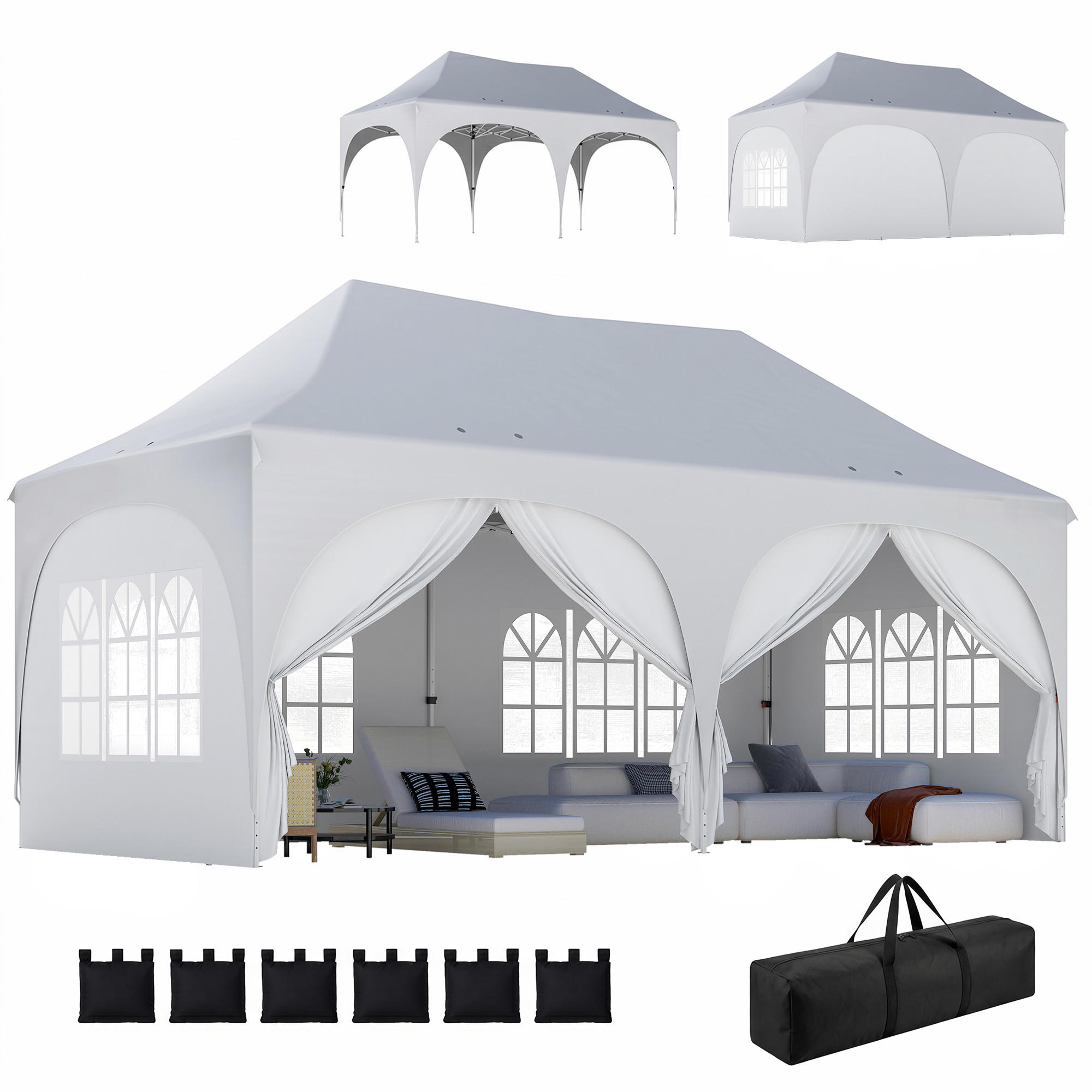 PAVILLON, faltbar mit 6 abnehmbaren Seitenwänden, 6x3m , Hellgrau - Hellgrau, Metall (300/315/598cm) - Vallsero
