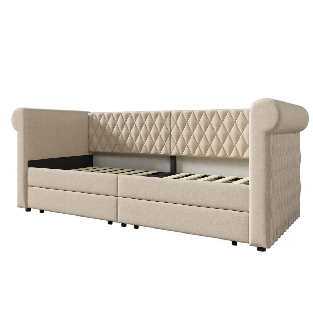 POLSTERBETT 90/200 cm aus Leinen mit 2 Schubladen, Beige - Beige, Textil (90/200cm) - Flora Grace