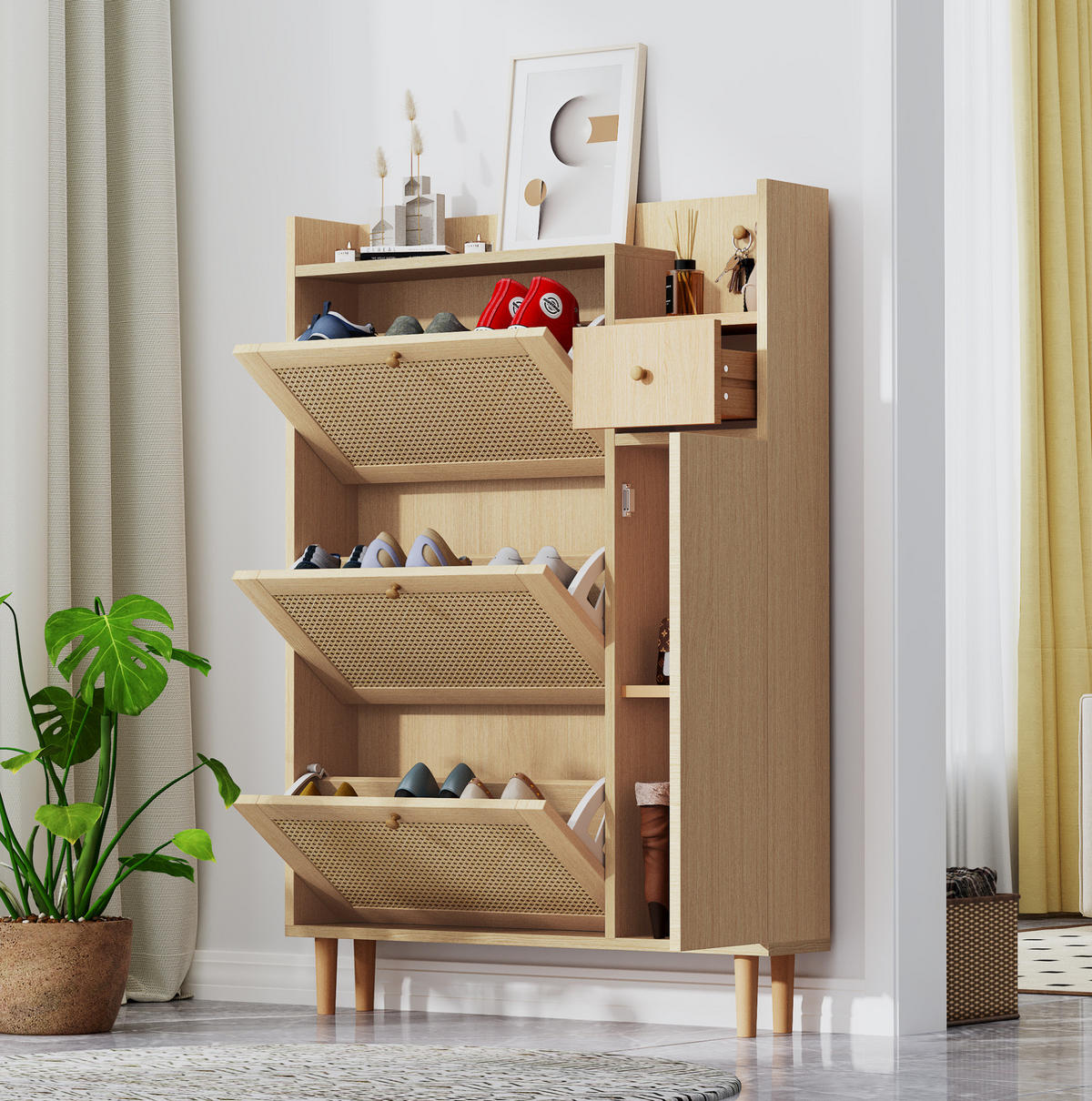 SCHUHSCHRANK 90/17/125 cm Natur aus MDF mit 3 Klappen - Naturfarben, Holzwerkstoff (90/125/17cm) - OKWISH