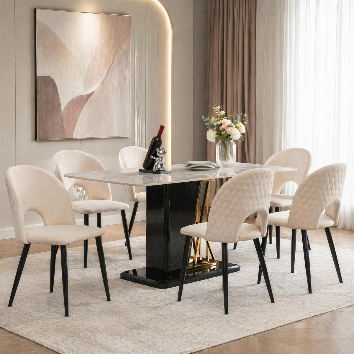 WOHNZIMMER STÜHLE mit Diamantmuster, Samtbezug und verstellbaren Füßen Beige - Beige, Textil (47/84/44cm) - EVRYAE