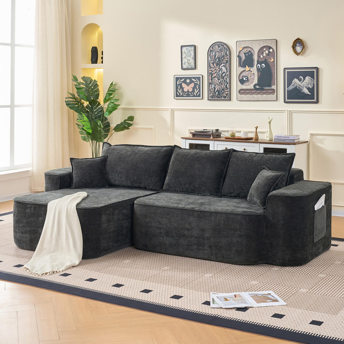 ECKSOFA Chenille Schwarz mit Seitentaschen - Schwarz, Holzwerkstoff/Textil (262/144cm) - WISHDOR