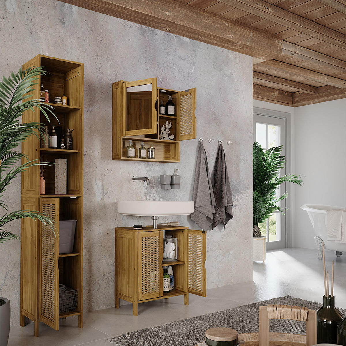 SADA KOUPELNOVÉHO NÁBYTKU Liora Bambus - zelená barva, kompozitní dřevo (48/60/29cm) - Vicco