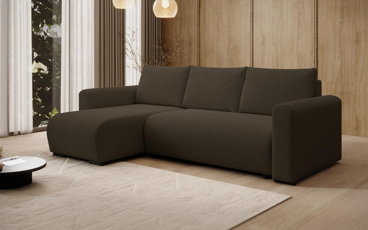 ECKSOFA DORA L, Eckcouch in L-Form mit Schlaffunktion und Bettkasten, Farbe: Dunkelbraun, Bouclé-Stoff, Ottomane Links - Dunkelbraun, Textil (240/143cm) - Storez24