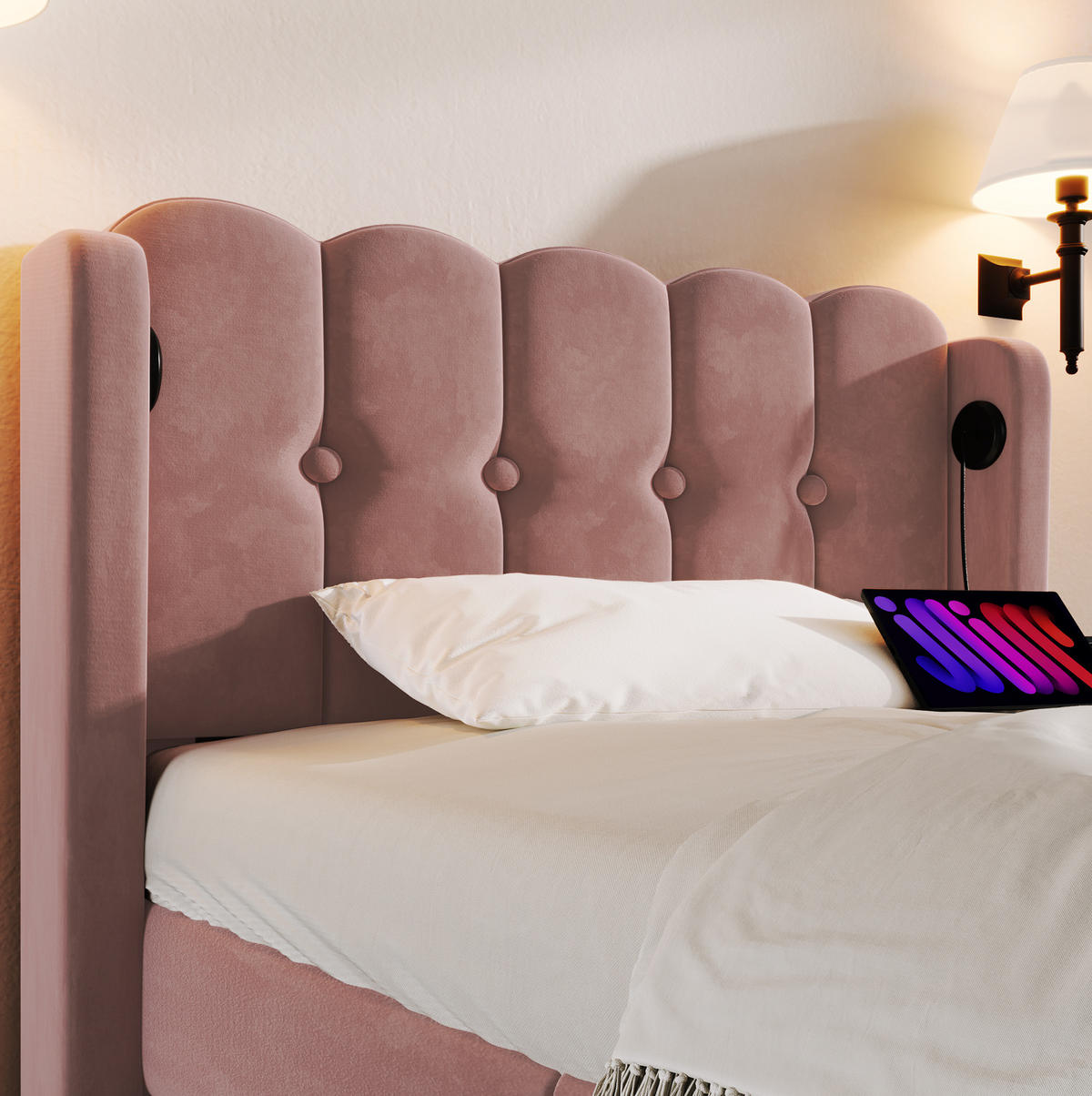 POLSTERBETT 90/200 cm Rosa aus Samt mit USB Typ-C Ladefunktion - Rosa, Textil (90/200cm) - OKMYHOME