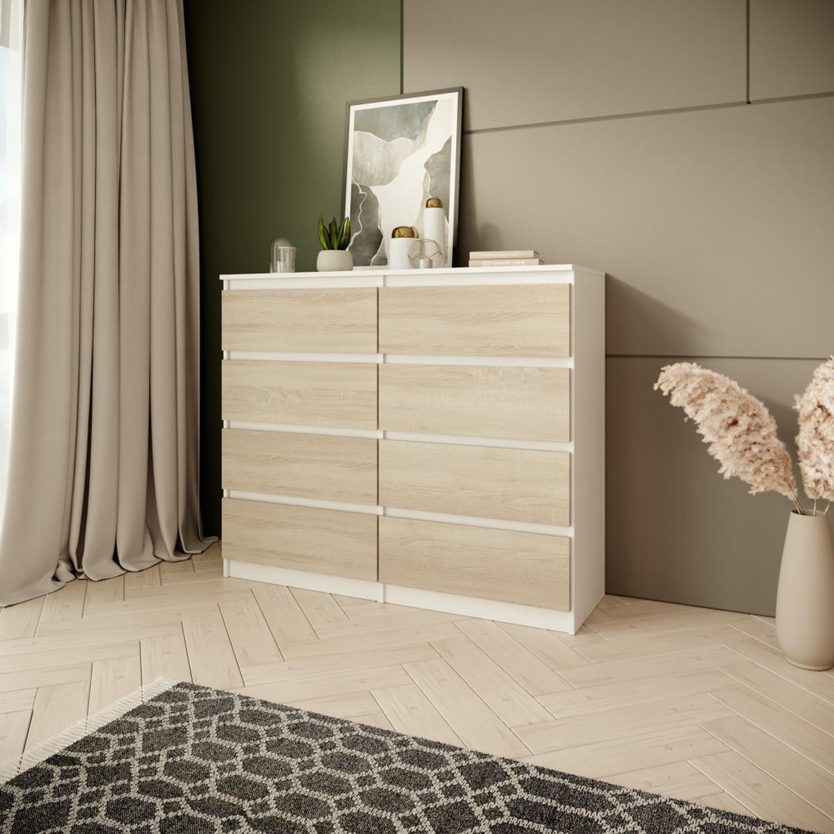 KOMMODE Look 100 cm mit acht Schubladen, weiß+eiche Sonoma - Weiß/Sonoma Eiche, Holzwerkstoff (100/93/33cm) - Beautysofa