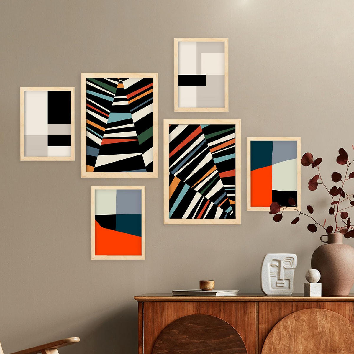 POSTER Set Mit 6 Pastiche Kunst In Form Abstracts Ästhetische Dekorative Gemälde Für Ihr Wohnzimmer Zuhause A3 & A4 Rahmen Aus Hellem Holz - Beige, Papier (29/3cm) - Nacnic