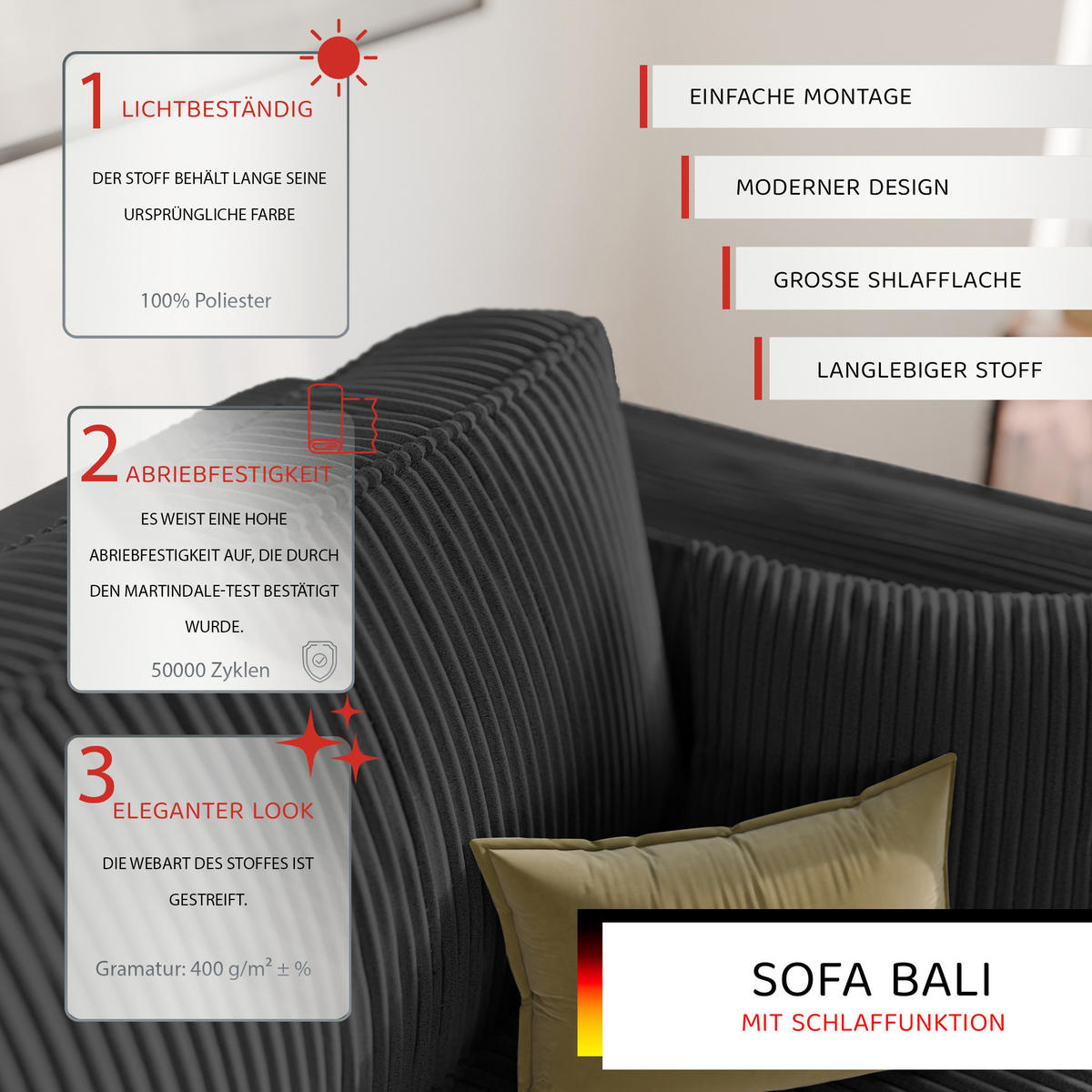 SOFA mit Schlaffunktion und Bettkasten, Schwarz - Schwarz, Holzwerkstoff/Textil (240/84/105cm) - Idohome