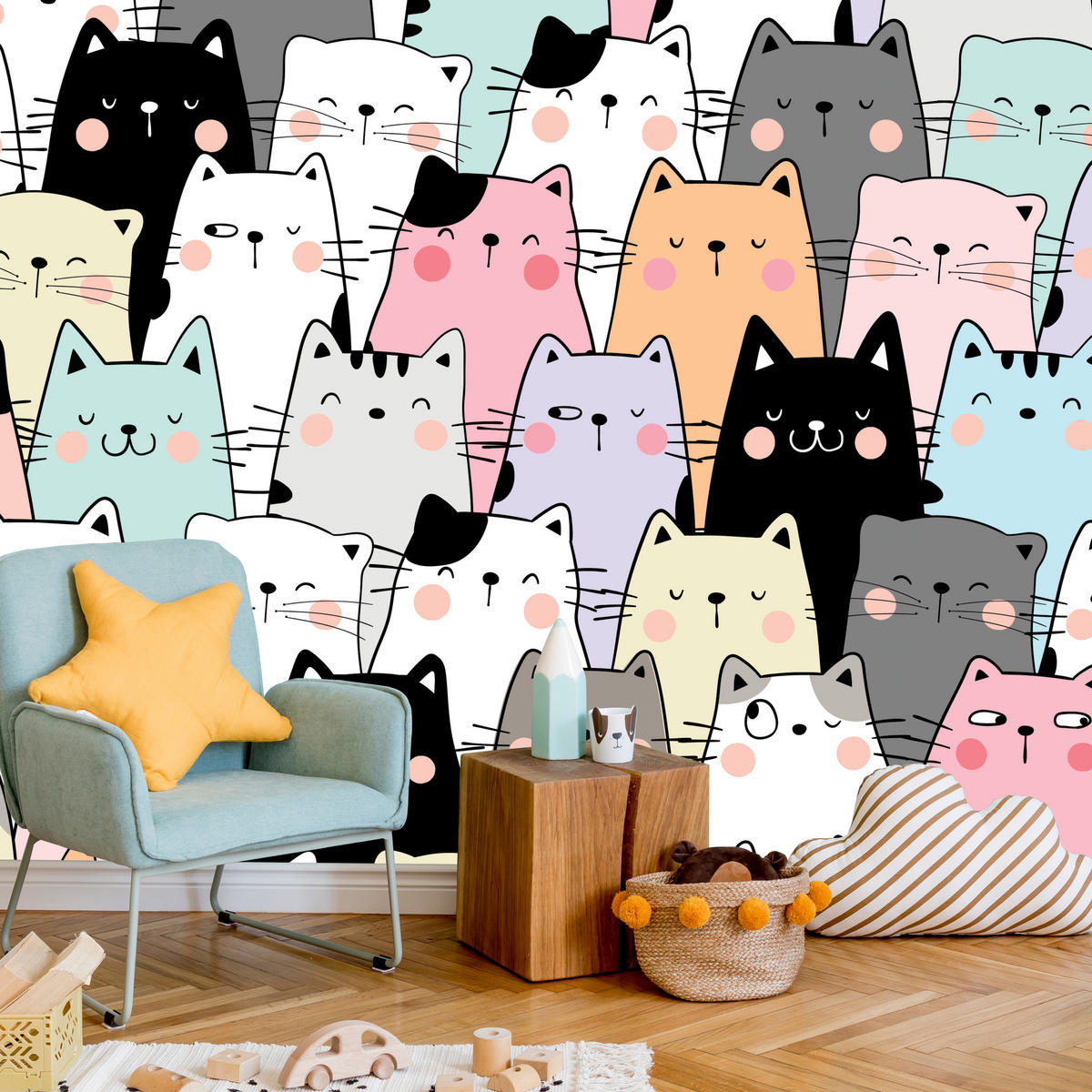 FOTOTAPETE für Kinderzimmer Bunte Katzen Cartoon Abstraktion 250x175 - Blau/Gelb, Papier (250/175cm) - Muralo
