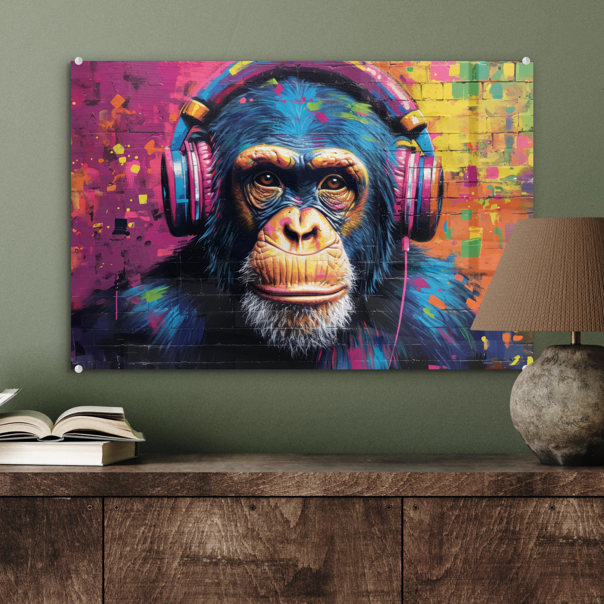 ACRYLGLASBILD Graffiti - Schimpanse - Straßenkunst - Kopfhörer - Affe 60x40 cm - Blau, Glas (60/40cm) - MuchoWow