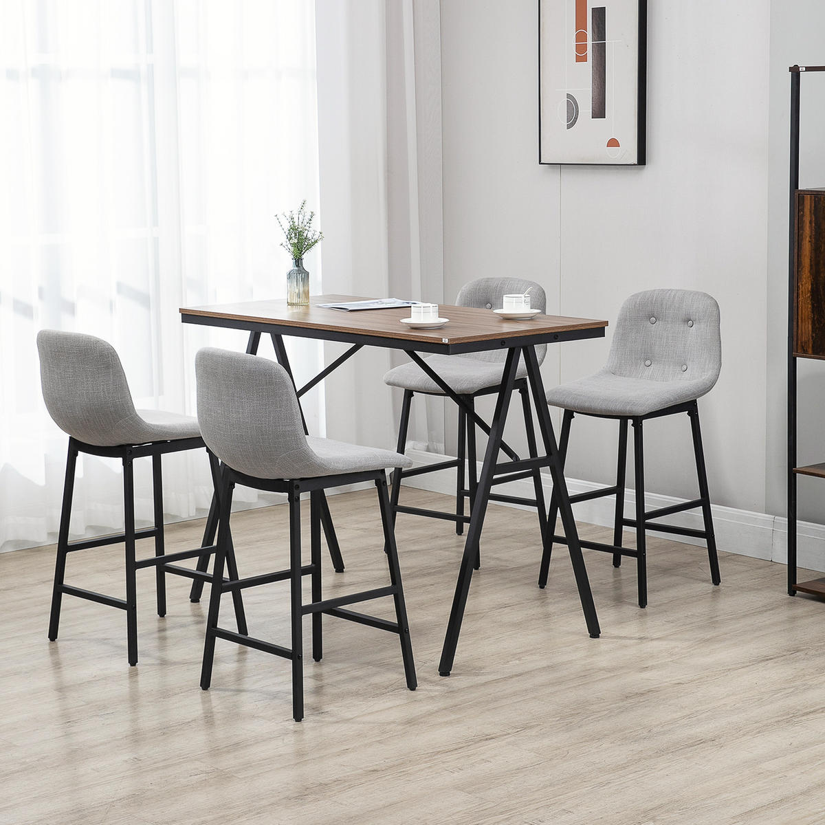 BARTISCH mit Barhocker Set, 5-teilig Essgruppe, Küchentisch, Bartisch Set, Grau - Hellbraun, Textil (60/91/120cm) - HOMCOM