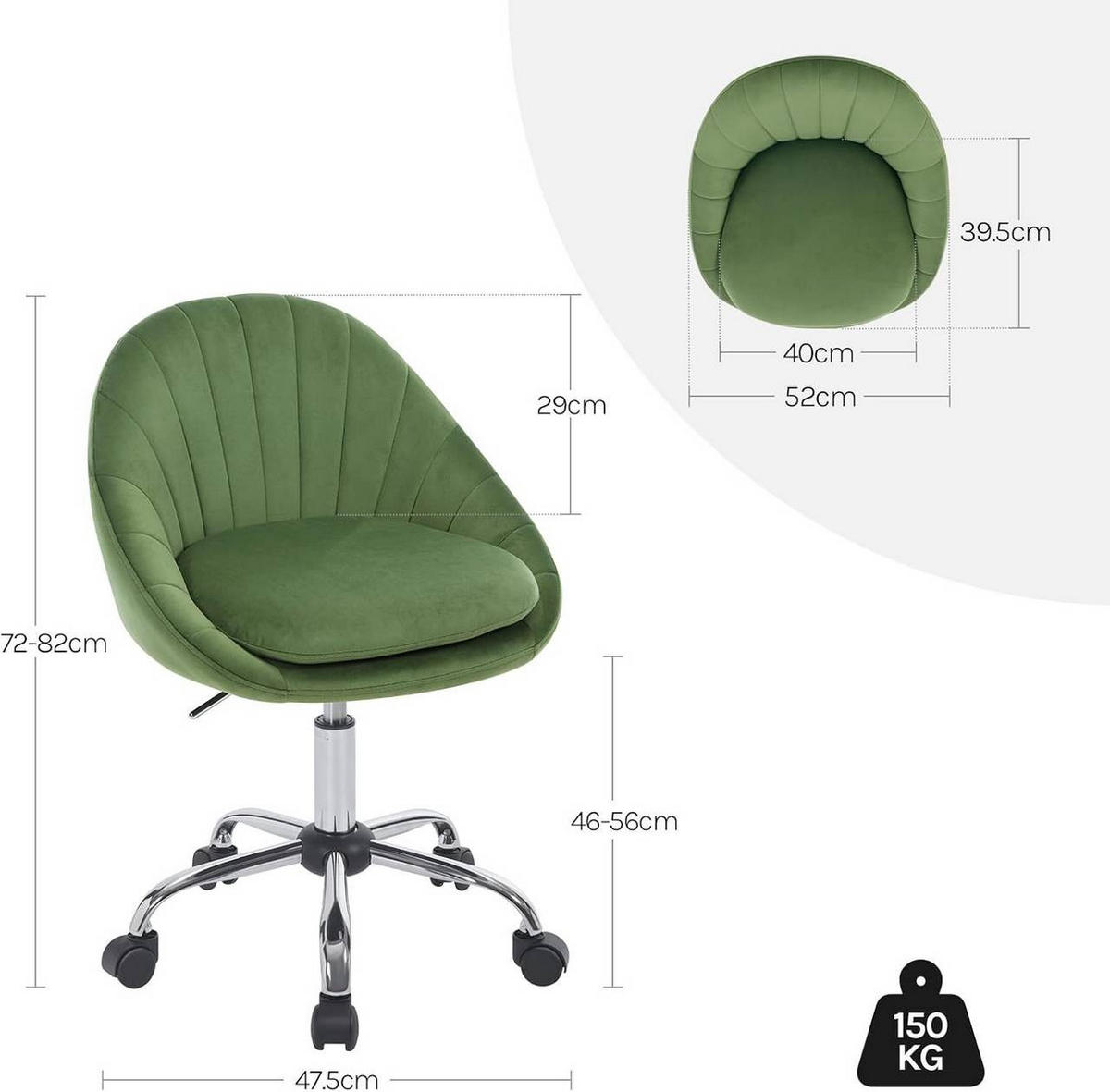 DREHSTUHL ergonomisch, Schminkstuhl, Samt, Dunkelgrün - Dunkelgrün/Schwarz, Textil/Metall (52/72/48cm) - Woltu