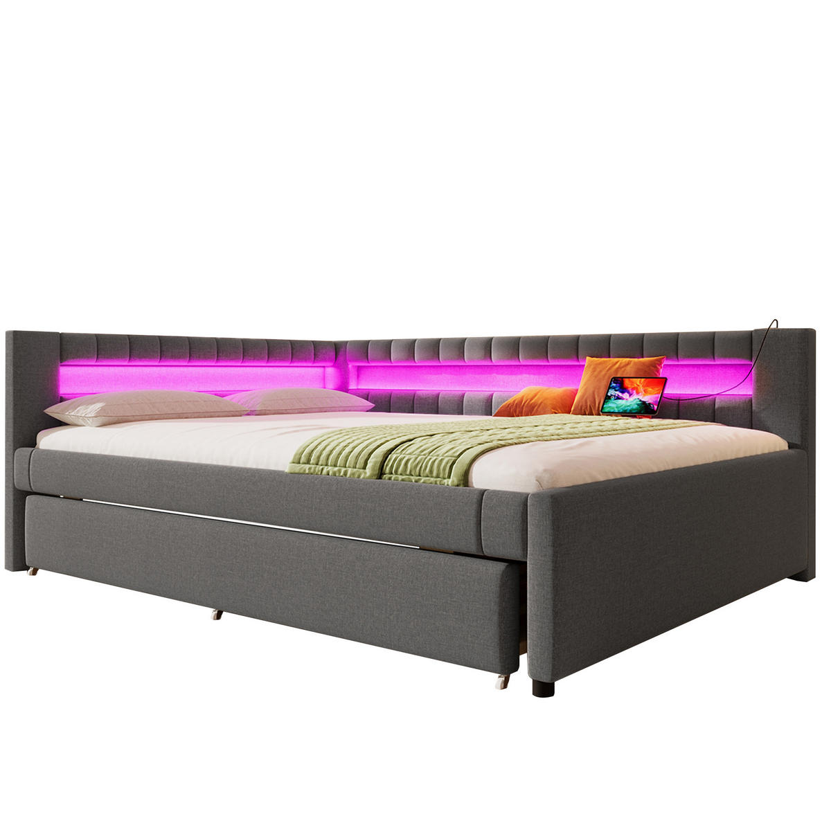 POLSTERBETT 140/200 cm Grau aus Leinen mit Ausziehbett und LED-Lichtleiste - Grau, Textil (140/200cm) - OKMYHOME