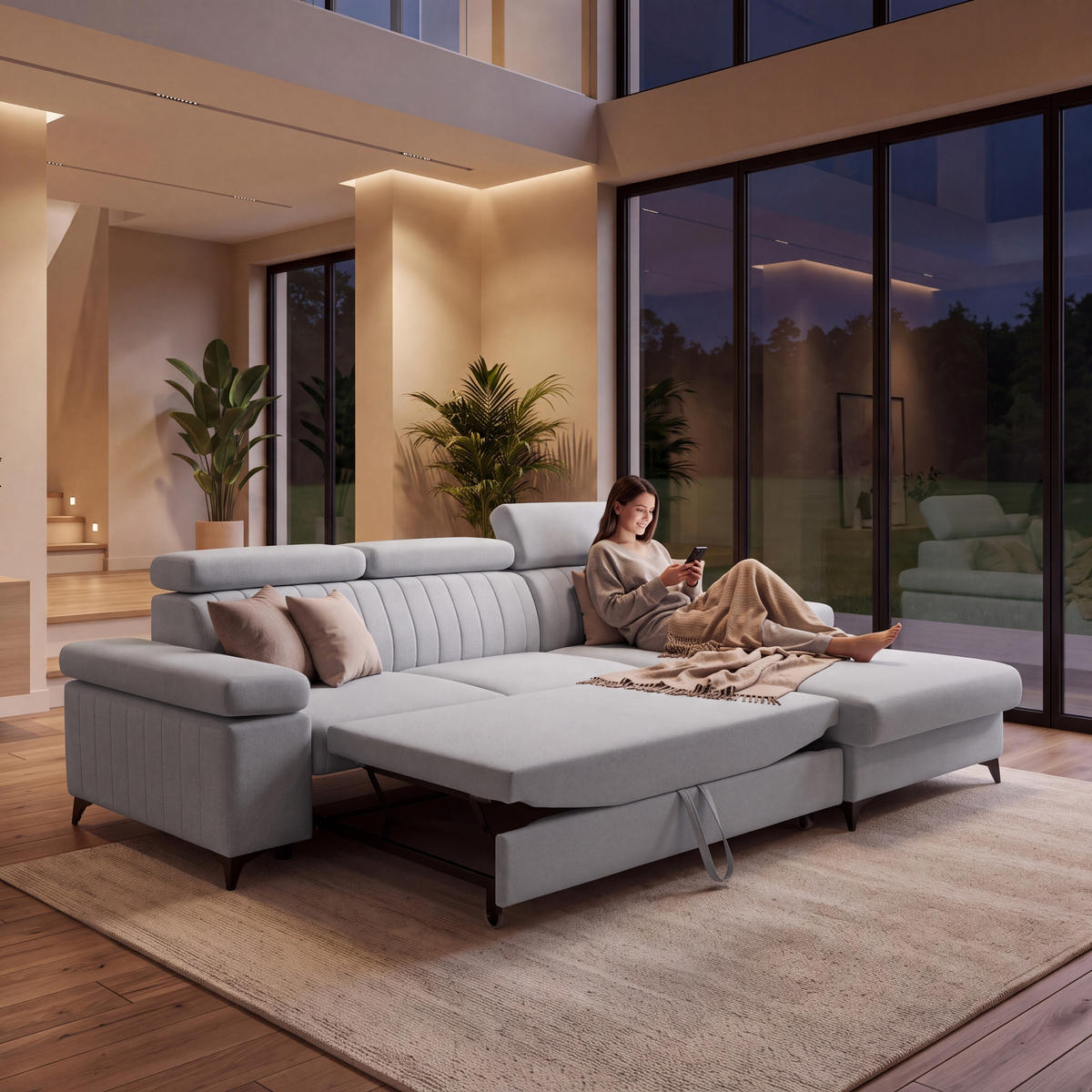 ECKSOFA FELIX L Rechts mit Schlaffunktion Velours Hellgrau - Hellgrau/Schwarz, Holz/Textil (176/257cm) - Muffo