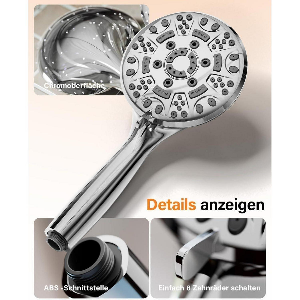 HANDBRAUSE mit Schlauch 8 Strahlarten Chrom - Silberfarben, Metall (5.5/12.7/27cm)