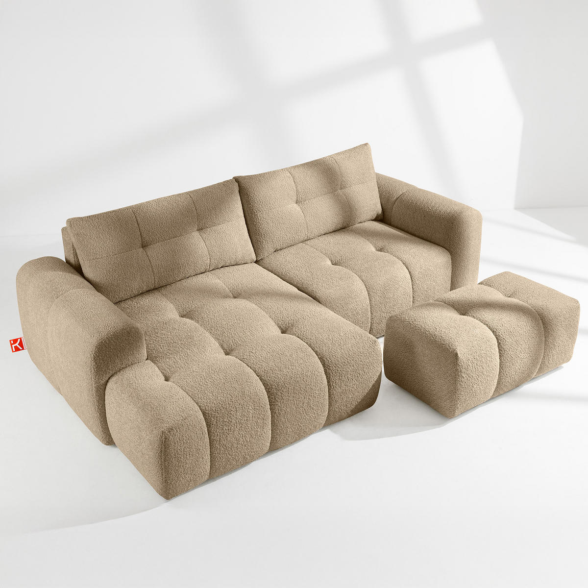 ECKSOFA MIT HOCKER RAVIA, Bouclé, Beige - Beige, Holz/Textil (96/50cm) - KONSIMO®