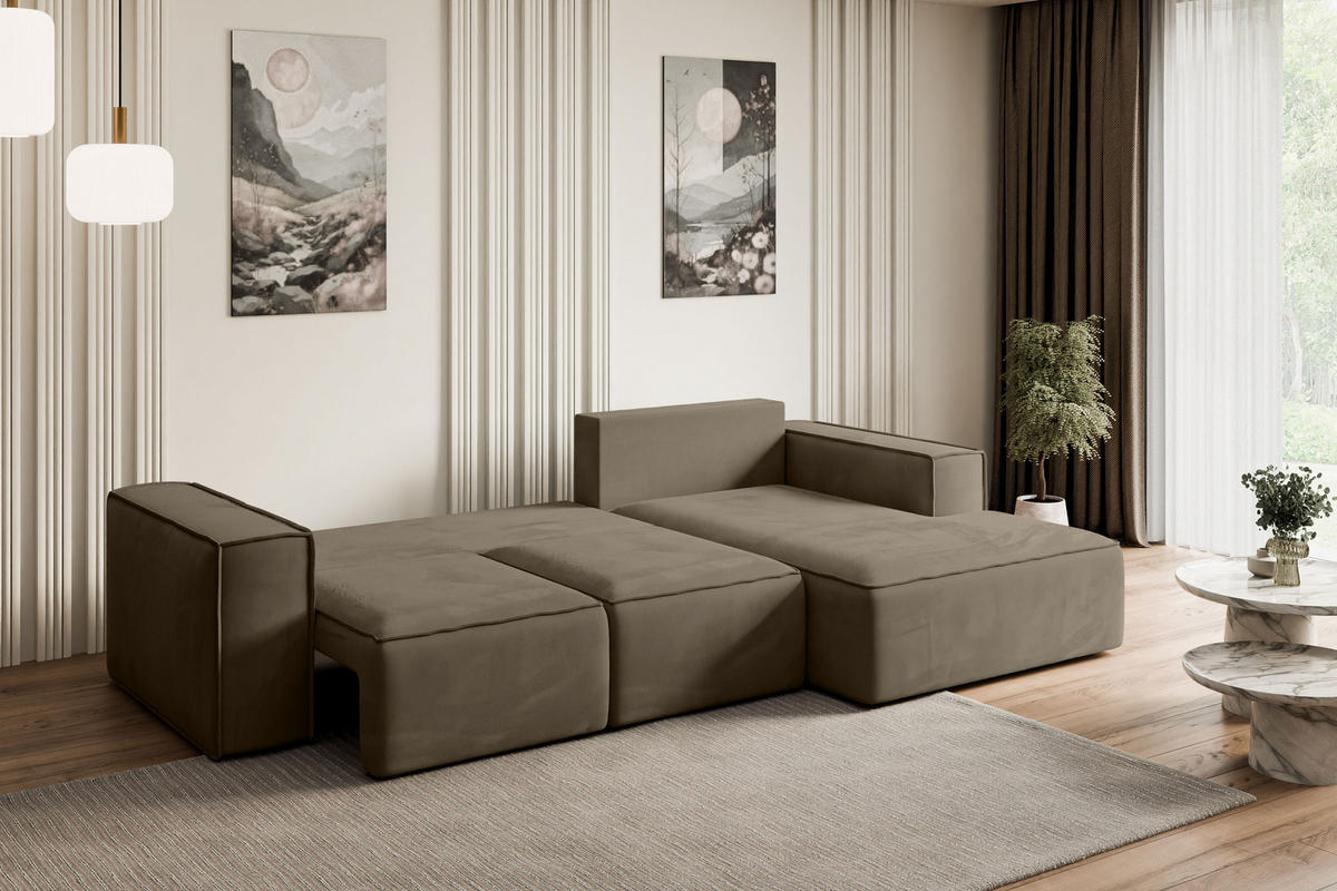 ECKSOFA mit Schlaffunktion und Bettkasten SERRA-L-S - 266x161x87 cm Braun Velours - Schwarz/Braun, Holzwerkstoff/Kunststoff (266/161cm) - ALTDECOR