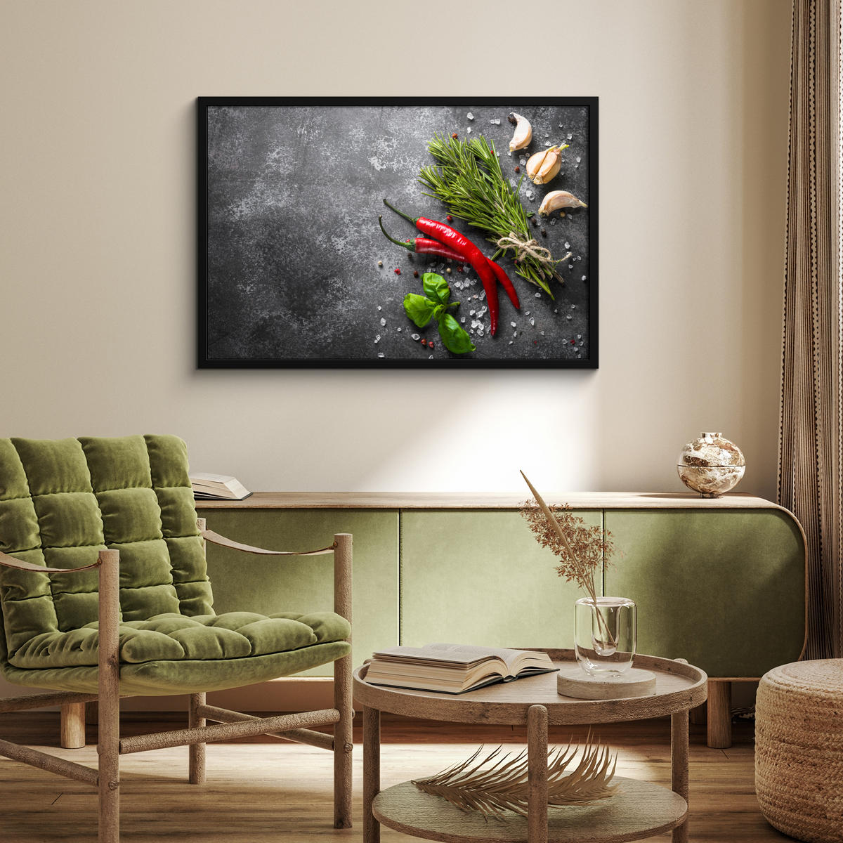ZARÁMOVANÝ PLAGÁT Korenie - bylinky - korenie - betón 90x60 cm - tmavosivá, papier (90/60cm) - MuchoWow