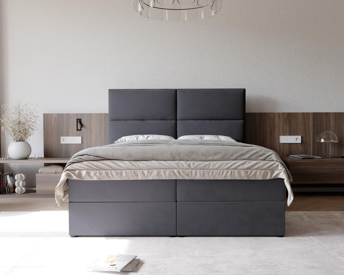 BOXBETT ORFEO 160/200 cm mit Matratze und Topper, Dunkelgrau - Anthrazit, Holzwerkstoff/Textil (160/200cm) - Idohome