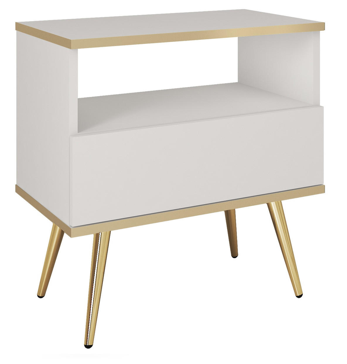 NACHTTISCH 54 cm Rodi mit Schublade auf Beinen, Weiß + Gold - Goldfarben/Weiß, Holz (54/59/39cm) - Emporius