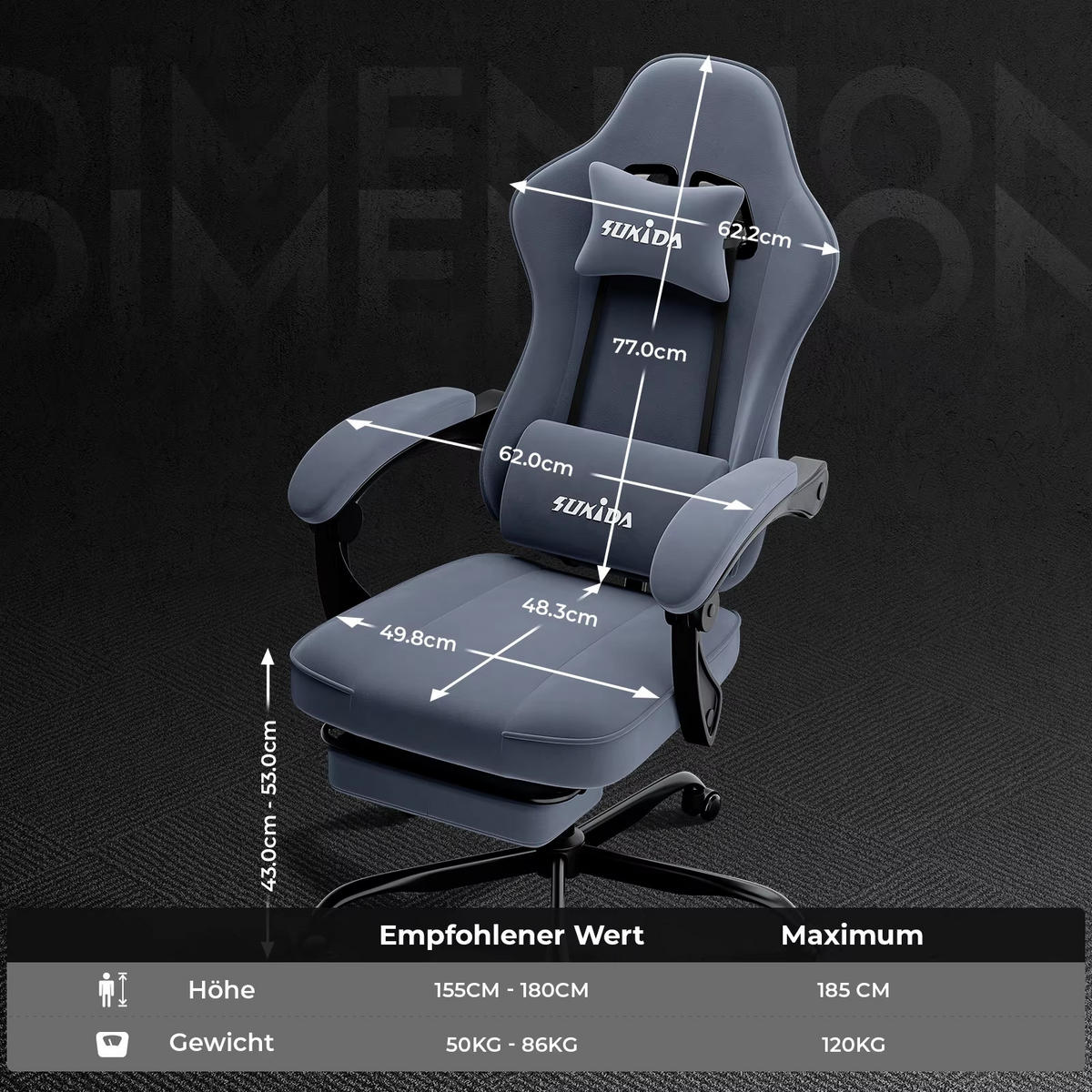 GAMINGSTUHL mit Fußstütze & Lendenkissen Ergonomisch Grau - Grau, Metall (62.2/180/48.3cm) - Kaket