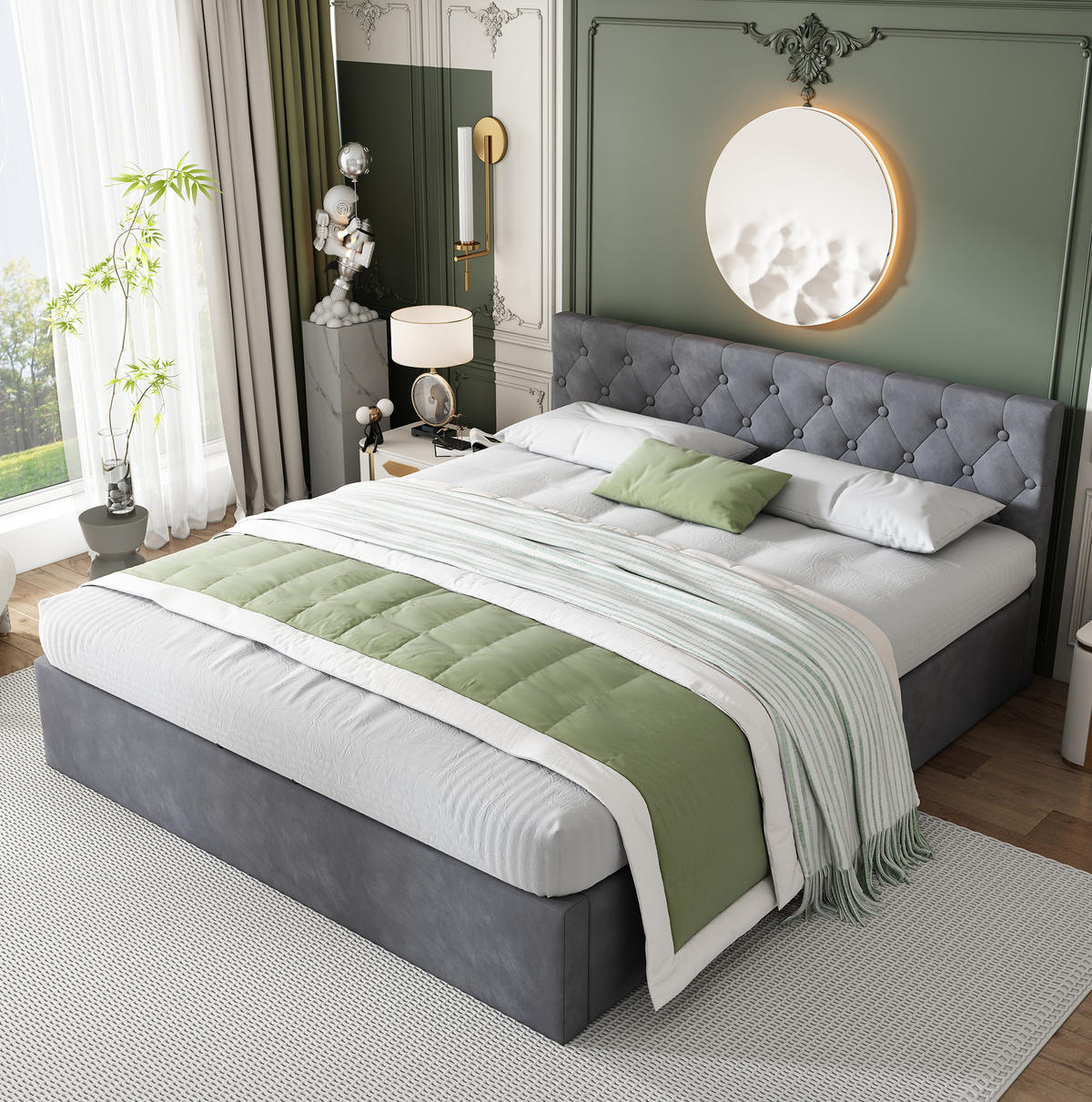 POLSTERBETT 140/200 cm aus Samt in Grau mit Bettkasten und geknöpftem Kopfteil - Grau, Textil (140/200cm) - Flora Grace