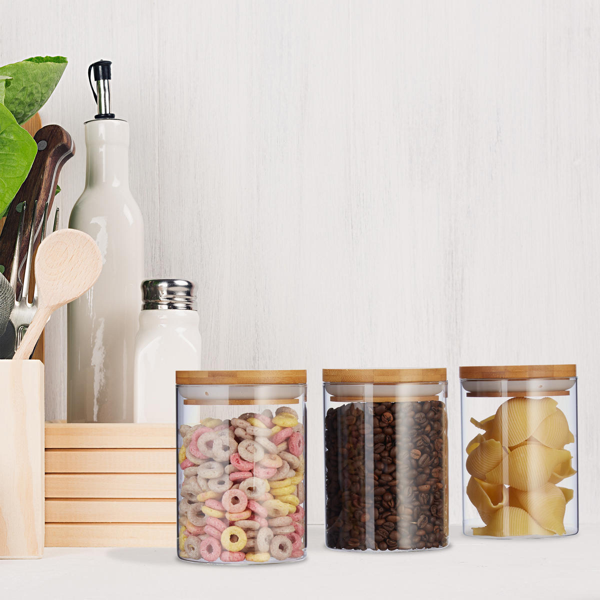 3XVORRATSDOSEN - Multicolor, Glas/Holz - Relaxdays