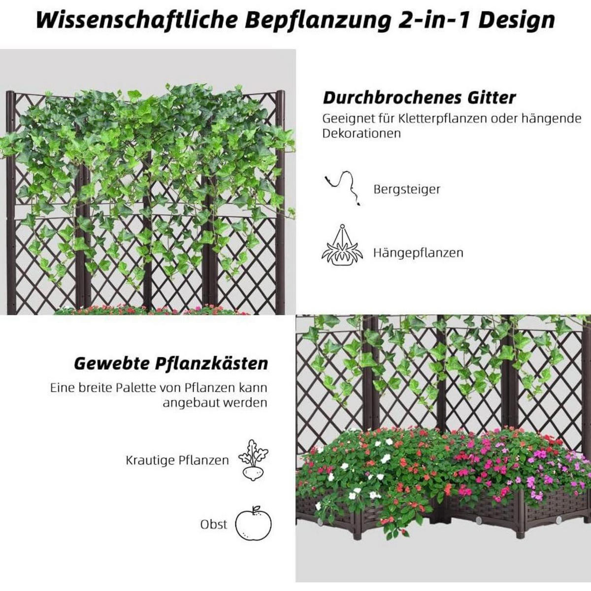HOCHBEET mit Rankgitter und Selbstbewässerung 113 x 40 x 136 cm Braun - Braun, Kunststoff (113/121/40cm)
