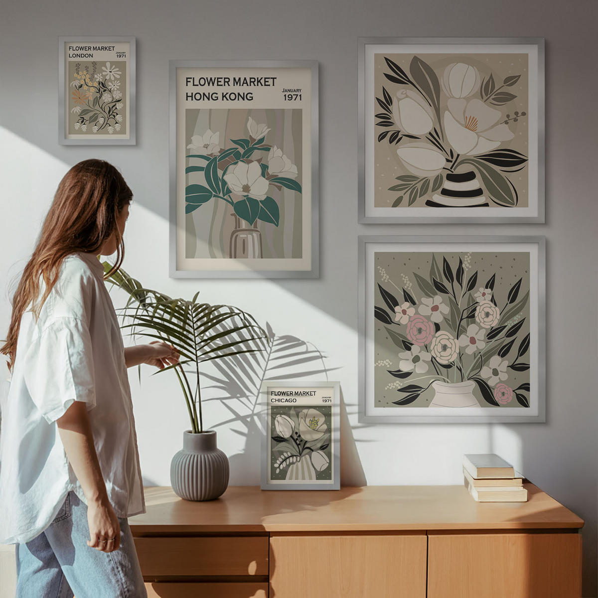 WANDBILDER 5er Set - 50x50 cm & 20x30 cm & 40x60 cm Silberner Rahmen - Blumenillustrationen London Hongkong - Silberfarben, Kunststoff (40/60cm) - ArtPrintCave