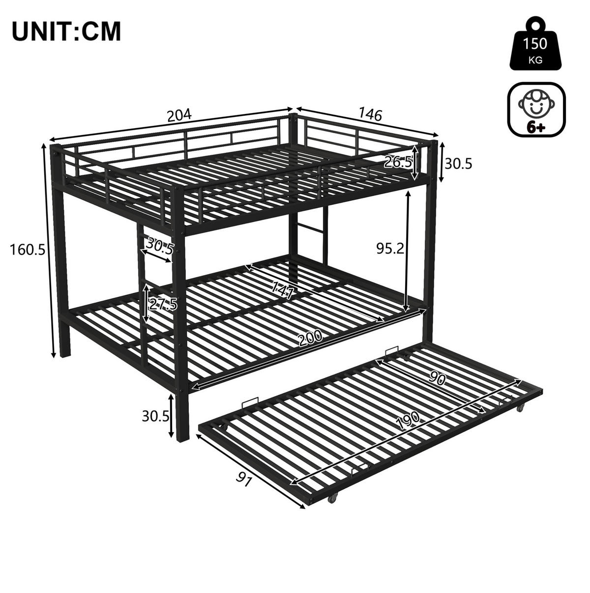 PALANDA 140/200 cm s výsuvným lůžkem a vysokými bočnicemi, stabilní kovová konstrukce, pro více dětí, Černá - černá, kov (140/200cm) - Redom