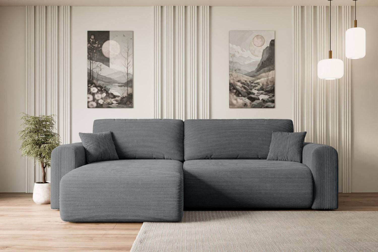 ECKSOFA mit Schlaffunktion und Bettkasten ORRO-L - 272x145x83 cm Dunkelgrau Cord - Dunkelgrau/Schwarz, Holzwerkstoff/Kunststoff (272/145cm) - ALTDECOR