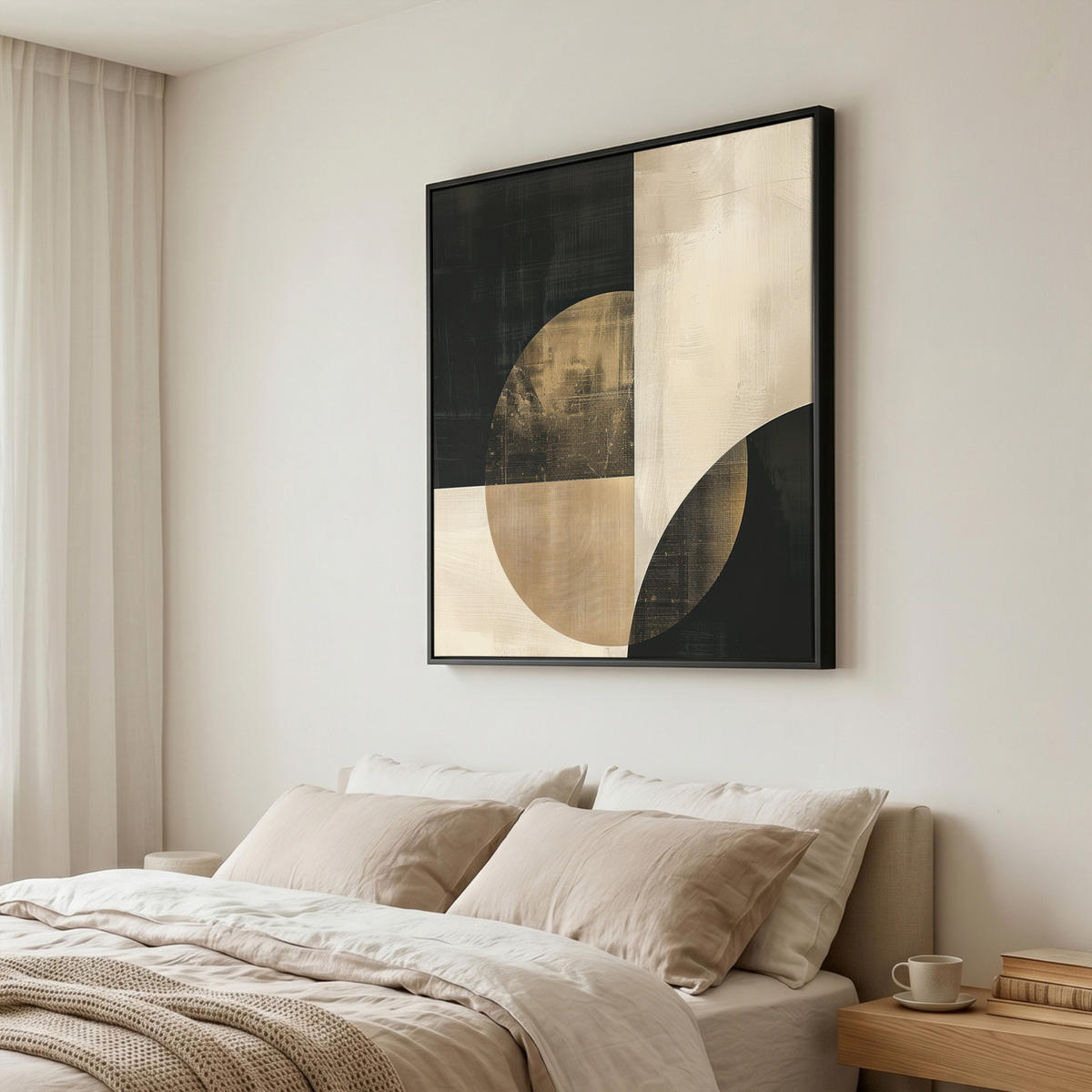 LEINWAND Bilder mit Rahmen - Abstrakt - Geometrische Formen - Schwarz - Gold - 90x90 - Ecru, Textil (90/90cm) - MuchoWow