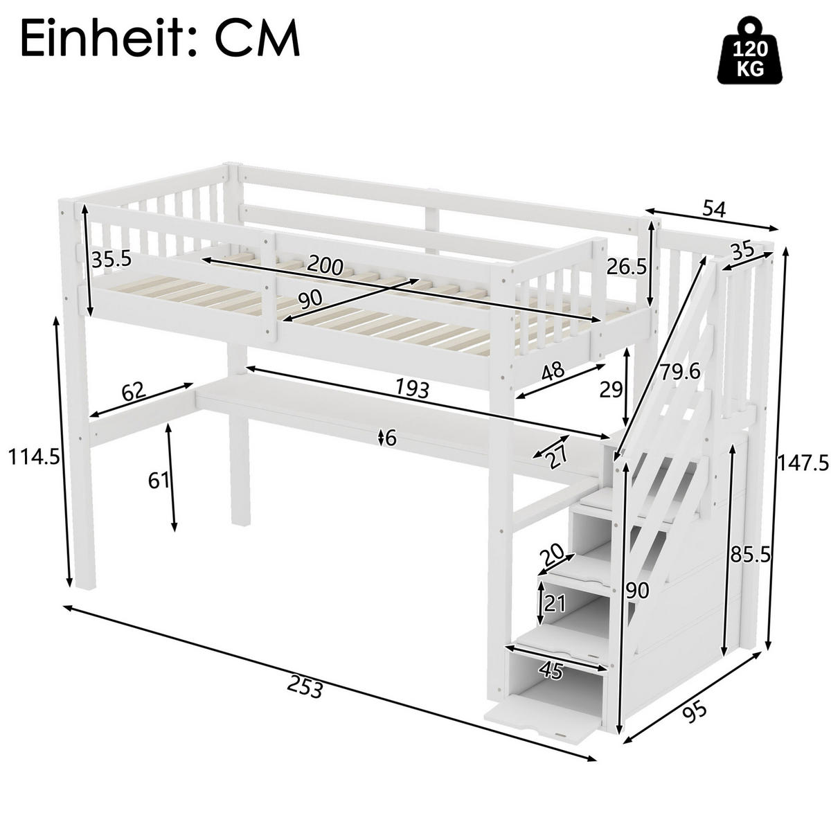 KINDERHOCHBETT 90/200 cm mit Schreibtisch, Stauraumschubladen und Regal, Weiß - Weiß, Holzwerkstoff (90/200cm) - Redom