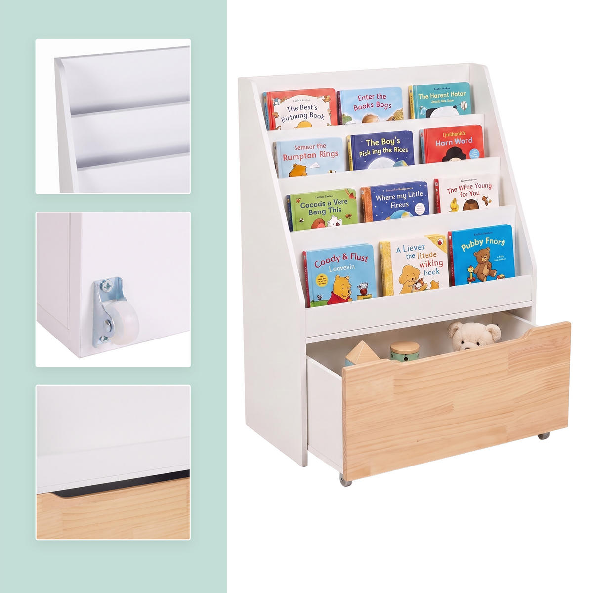 BÜCHERREGAL Weiß Kinder mit Spielzeugkiste auf Rollen - Weiß, Holz/Holzwerkstoff (60/80/30cm) - Relaxdays