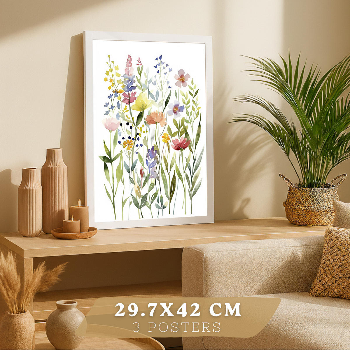 PLAKAT Sada 3 pastelových květinových potisků. Dekorativní nástěnné umění s barevnými květinami. Velikost Bílý rám A3 - bílá, papír (29.7/42/3cm) - Nacnic