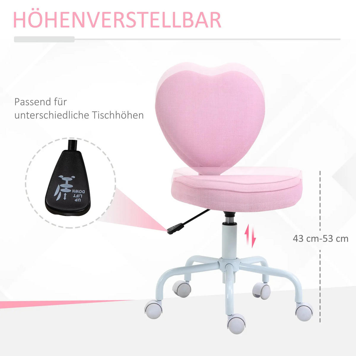 DREHSTUHL Rosa, Herzform, Leinen, ergonomisch - Pink, Metall (50/89/40cm) - SHOPENTRA
