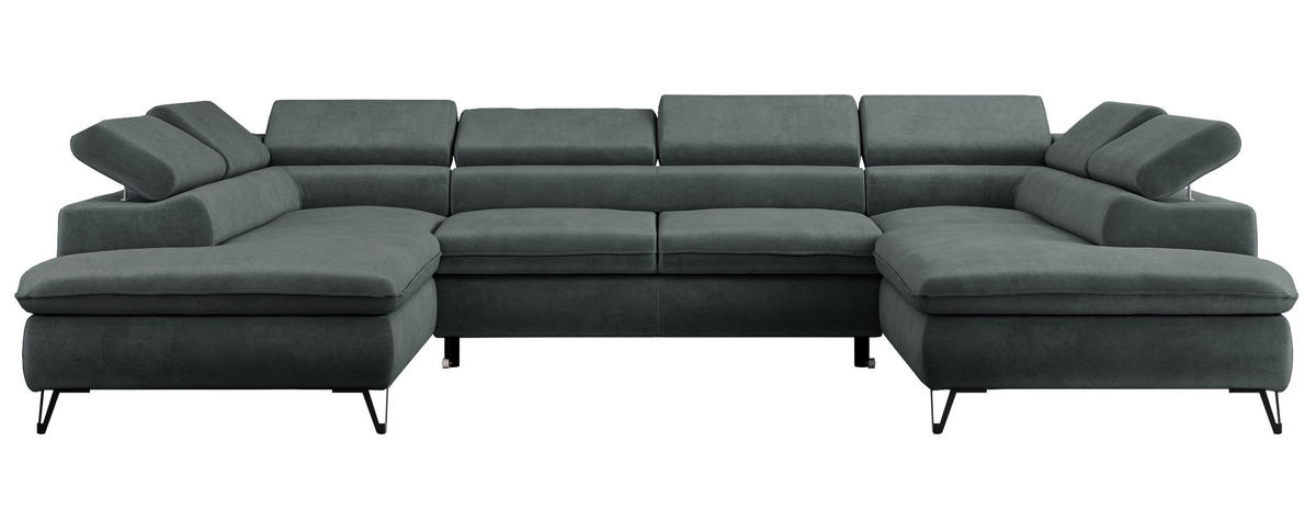 WOHNLANDSCHAFT PETER U Samt Dunkelgrau - Dunkelgrau/Schwarz, Textil/Metall (346/76/208cm) - MKS