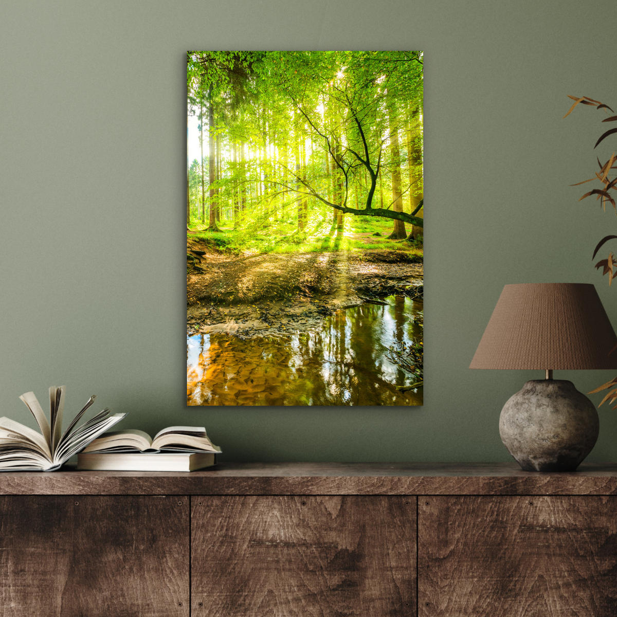 METALLBILD Wald - Landschaft - Wasser - Bäume - Sonne - Grün - Natur 40x60 cm - Grün, Metall (40/60cm) - MuchoWow