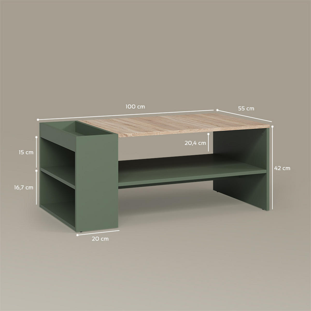 STOLIĆ ZA KAVU S POLICAMA Piave Zelena s policama - zelena, drvni materijal (55/100/42cm) - Livinity®