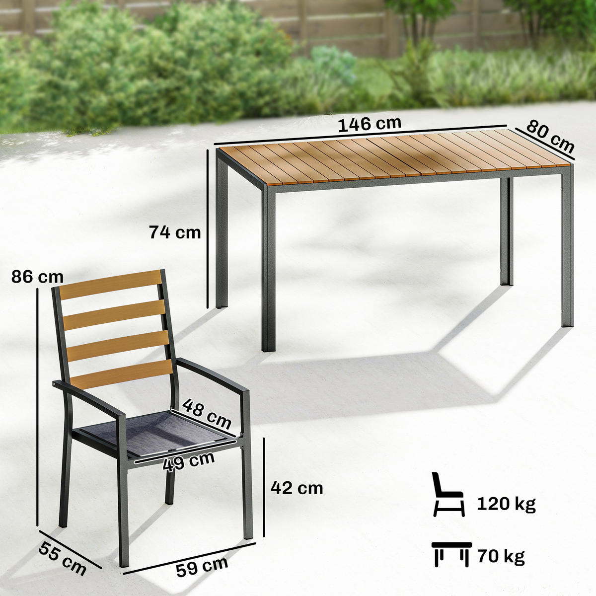 GARTENGARNITUR 7ER-SET aus Verzinktem Stahl Naturholz - Dunkelgrau/Hellgrau, Textil/Metall - Outsunny
