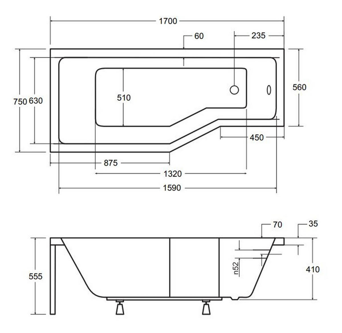 BADEWANNE Eckwanne INTEGRA 170/75 Links mit Schürze mit Glasabtrennung 3-teilig Ablauf Füße - Weiß, Kunststoff (75/55.5/170cm) - bad land