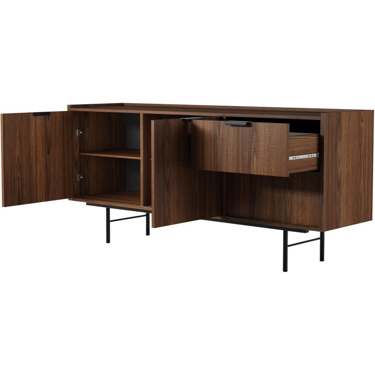 KOMMODE Evron mit 2 Schubalden und 2 Türen, Walnuss - Walnussfarben/Schwarz, Holzwerkstoff/Metall (150/68/40cm) - Beautysofa