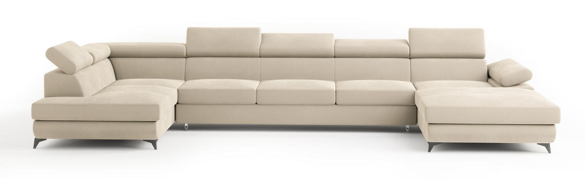 WOHNLANDSCHAFT MONTIVA Creme Velours-Stoff mit Schlaffunktion - Creme, Holz (410/89/190cm) - MASSENO