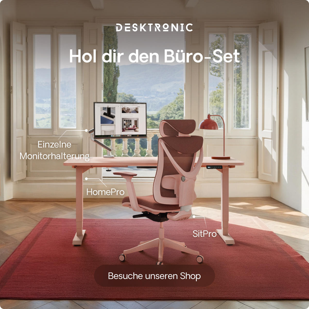 SCHREIBTISCH Elektrisch Höhenverstellbarer HomePro 120x60cm Rosa/Rosa mit Memory-Funktion, Anti-Kollisions Technologie - Pink, Holzwerkstoff (60/120/72cm) - Desktronic