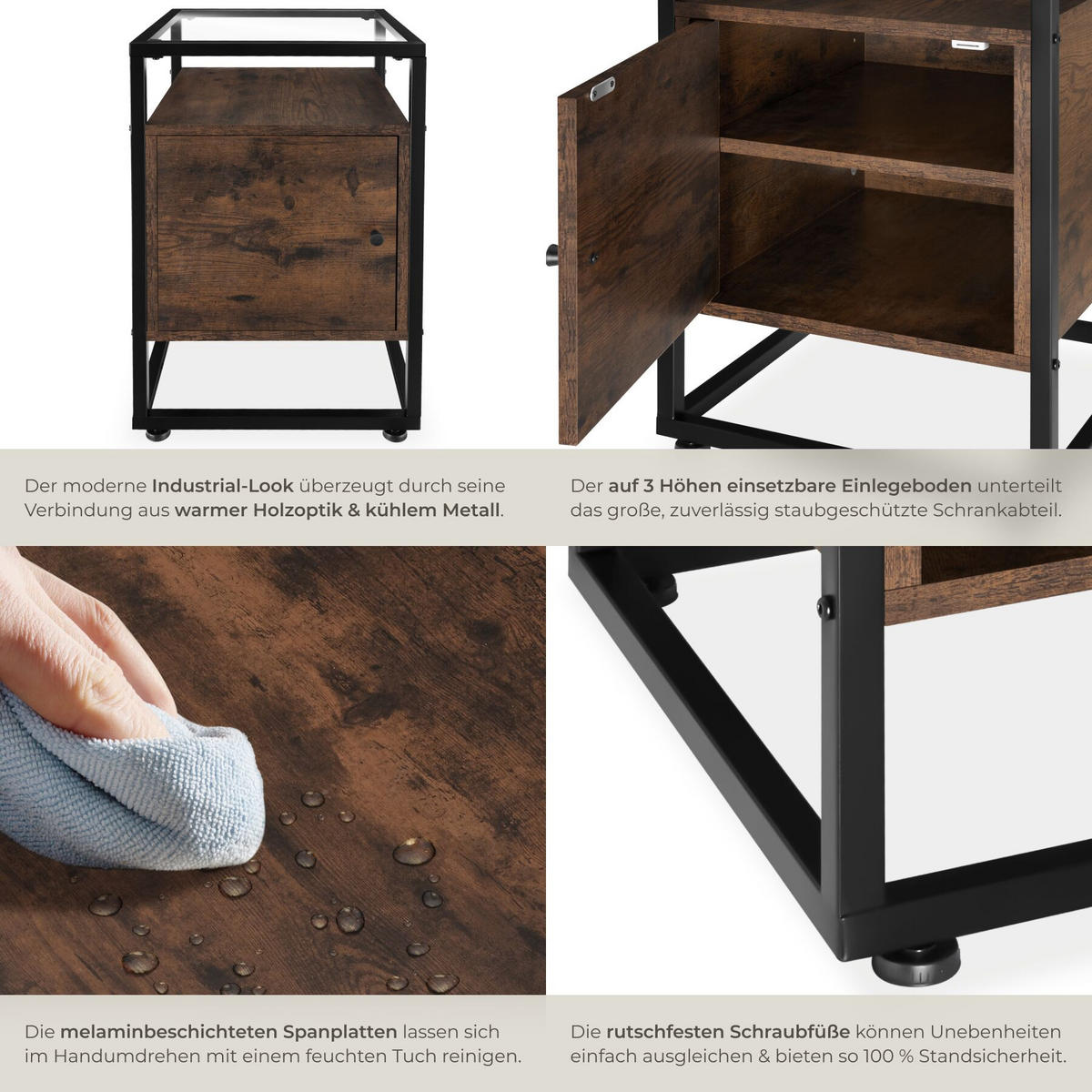 NACHTSCHRANK Dudley, 40 x 43 x 60,5 cm, Industrial Holz dunkel, rustikal - Rostfarben, Holzwerkstoff (40/60.5/43cm) - tectake