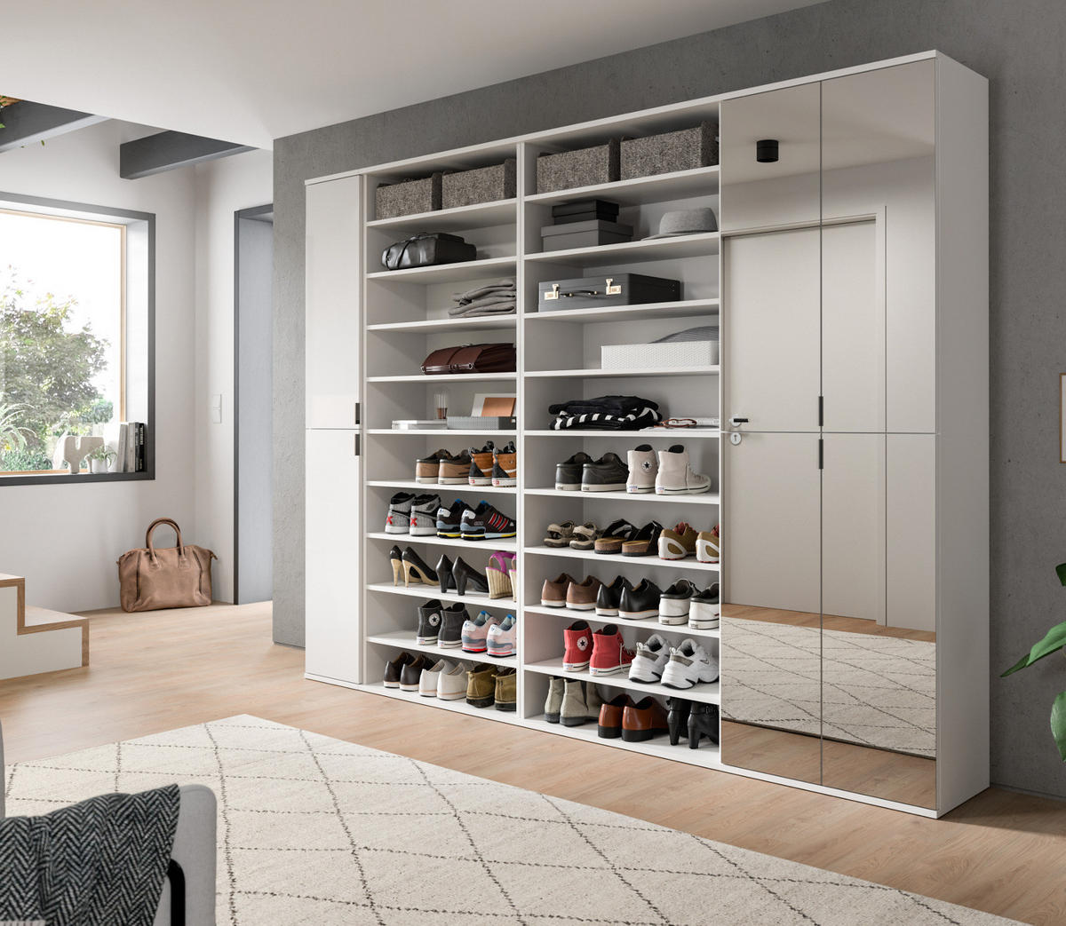 GARDEROBENSCHRANK weiß Hochglanz 281 cm, Schuhschrank XXL mit 35 Fächern - Chromfarben/Weiß Hochglanz, Glas/Holzwerkstoff (251/193/34cm) - Inn.Furn