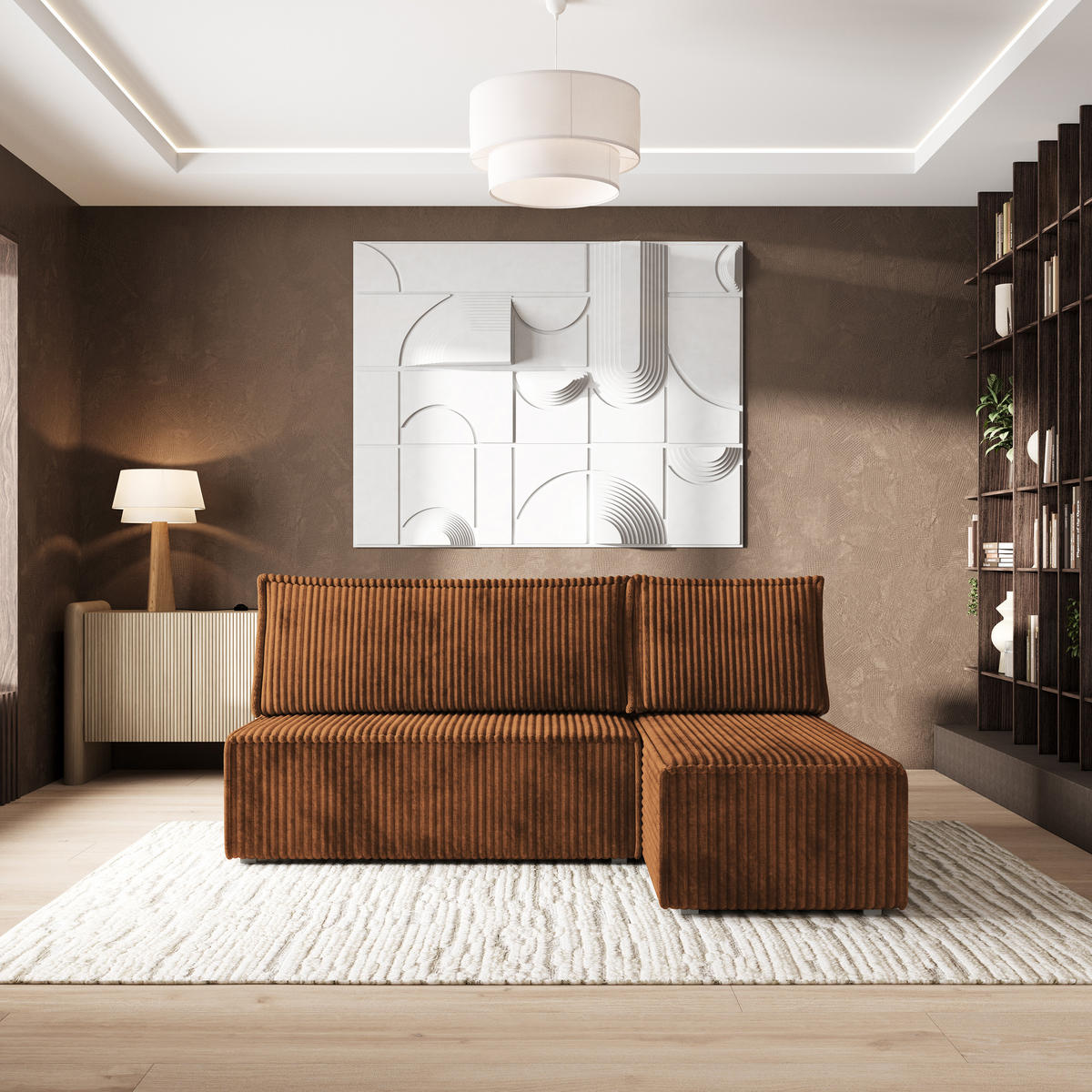 ROHOVÁ SEDAČKA BRISO měděná - šedá/měděná, dřevo/textil (200/140cm) - MASSENO