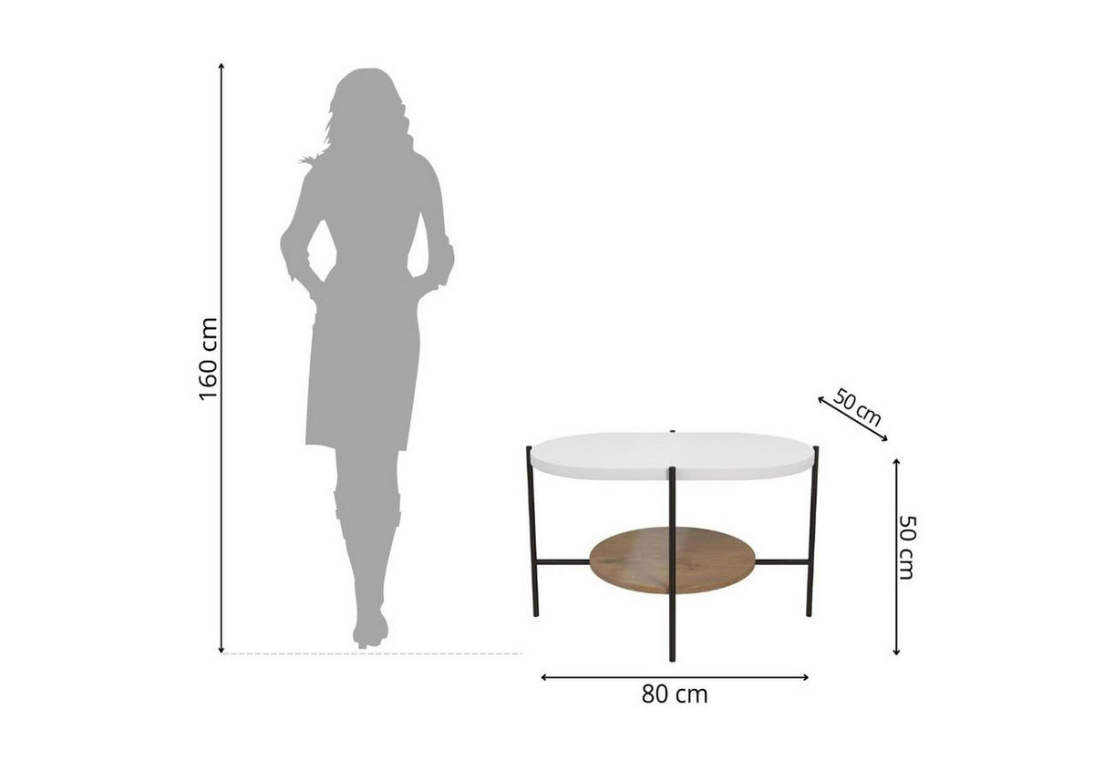 COUCHTISCH Arena Weiß, Eiche, Oval - Eichefarben/Schwarz, Holzwerkstoff/Metall (50/80/50cm) - Dancan