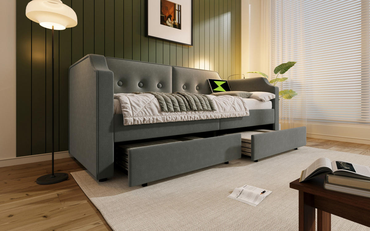POLSTERBETT 90/200 cm Grau aus Samt mit USB-Type-C und Leselampe - Grau, Textil (90/200cm) - OKMYHOME