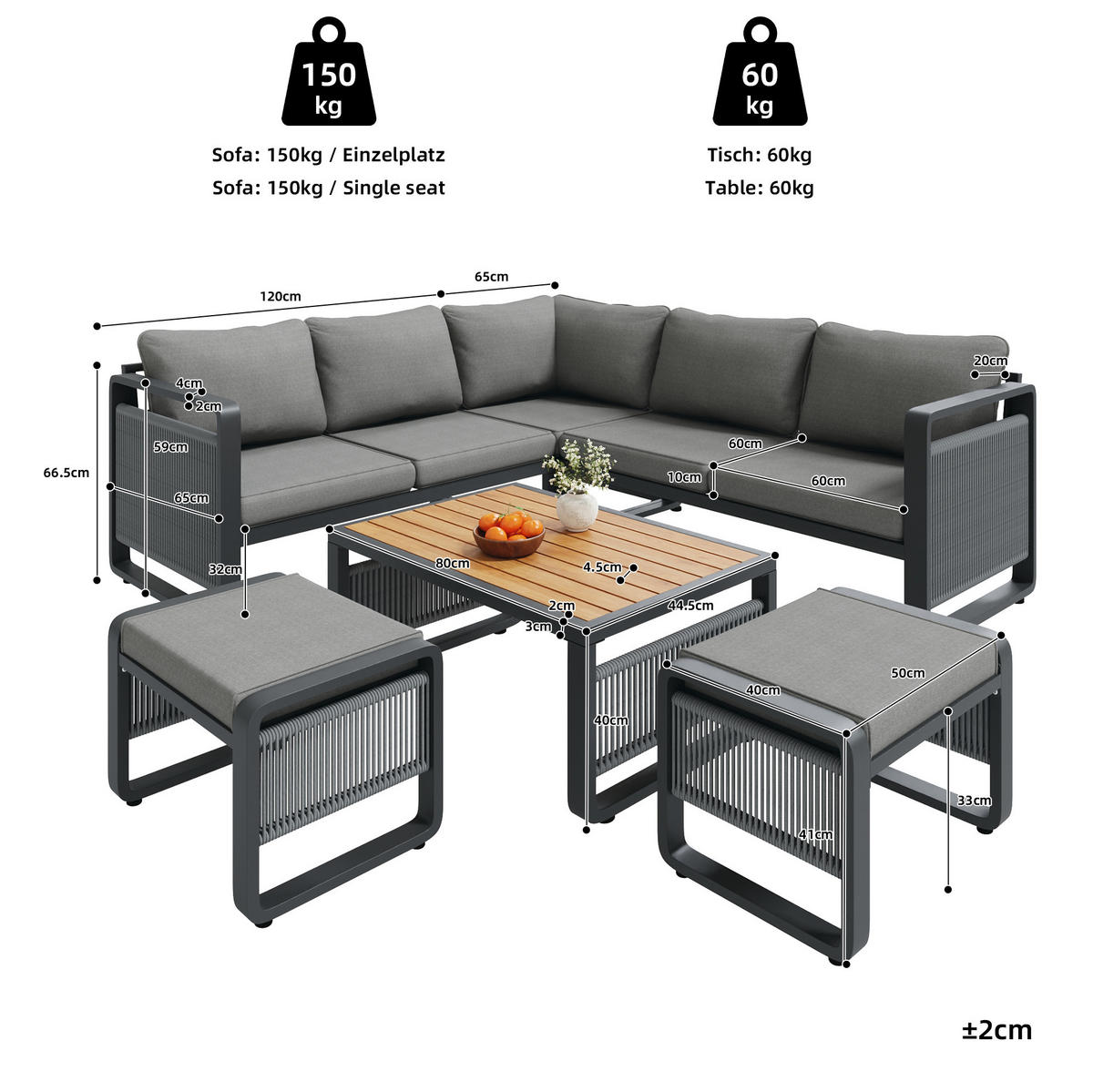 GARTENLOUNGE 120/65/66,5 cm grau aus Metall mit spritzwassergeschützten Polstern - Grau, Metall - OKWISH