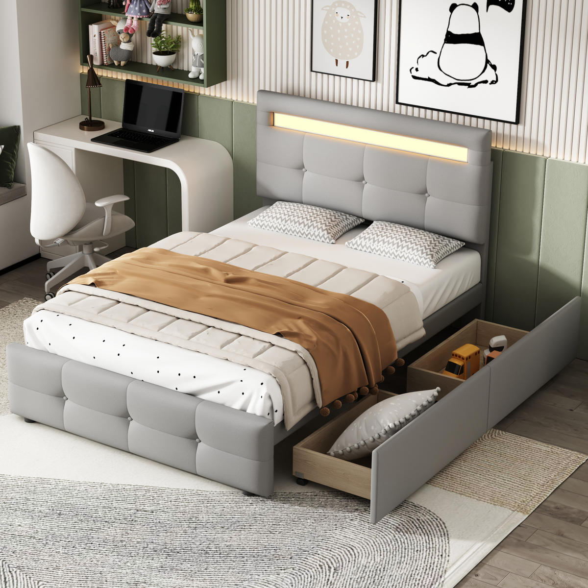 POLSTERBETT mit LED und 2 Schubladen 90x200 cm Grau - Grau, Holzwerkstoff (90/200cm) - Beauniv